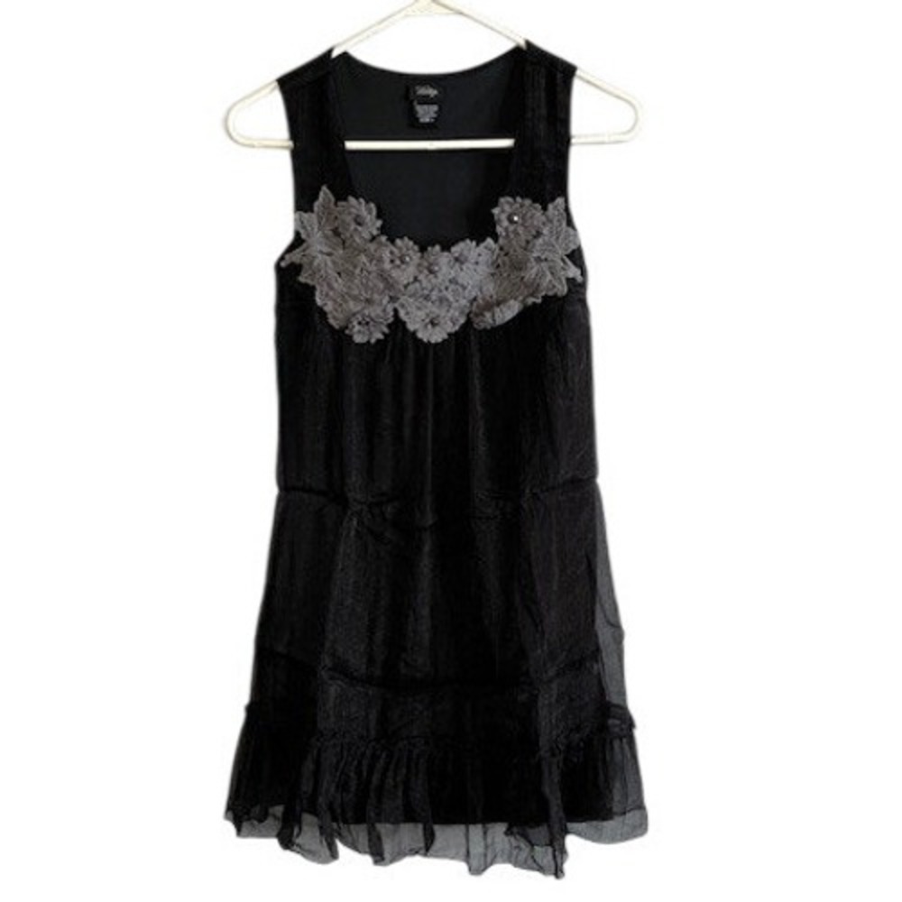 Vanity Black Tiered Sleeveless Tunic Mini Dress Grey Floral Lace Applique Sz S